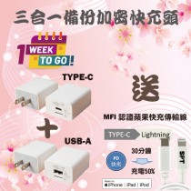 三合一備份快充插頭 TYPE-C+USB-A  贈送蘋果PD快充傳輸線